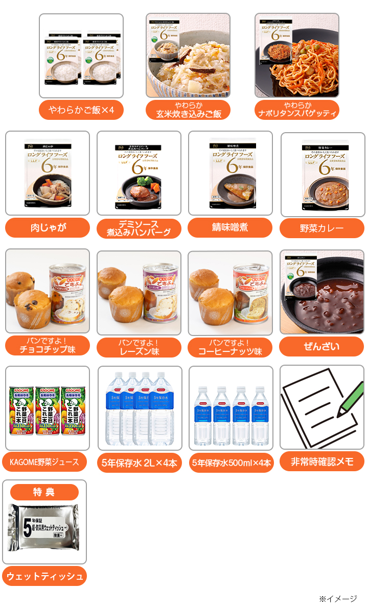 いざという時の備えに。
3日分の食料と水をセットにした非常食セット！
便利なウェットティッシュ付き。