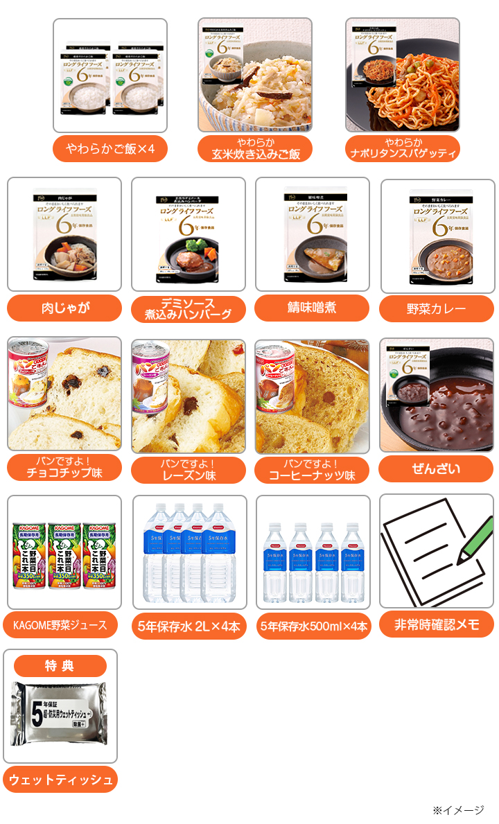 いざという時の備えに。
3日分の食料と水をセットにした非常食セット！
便利なウェットティッシュ付き。