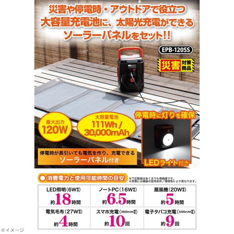 これだけで安心！簡単ポータブル電源・ソーラーパネルセット／30,000