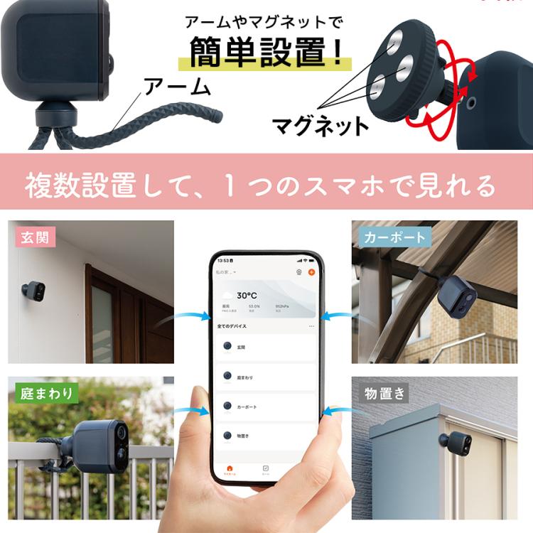 充電式どこでもセンサーWi-Fiカメラ+充電式カメラ用ソーラーパネル+