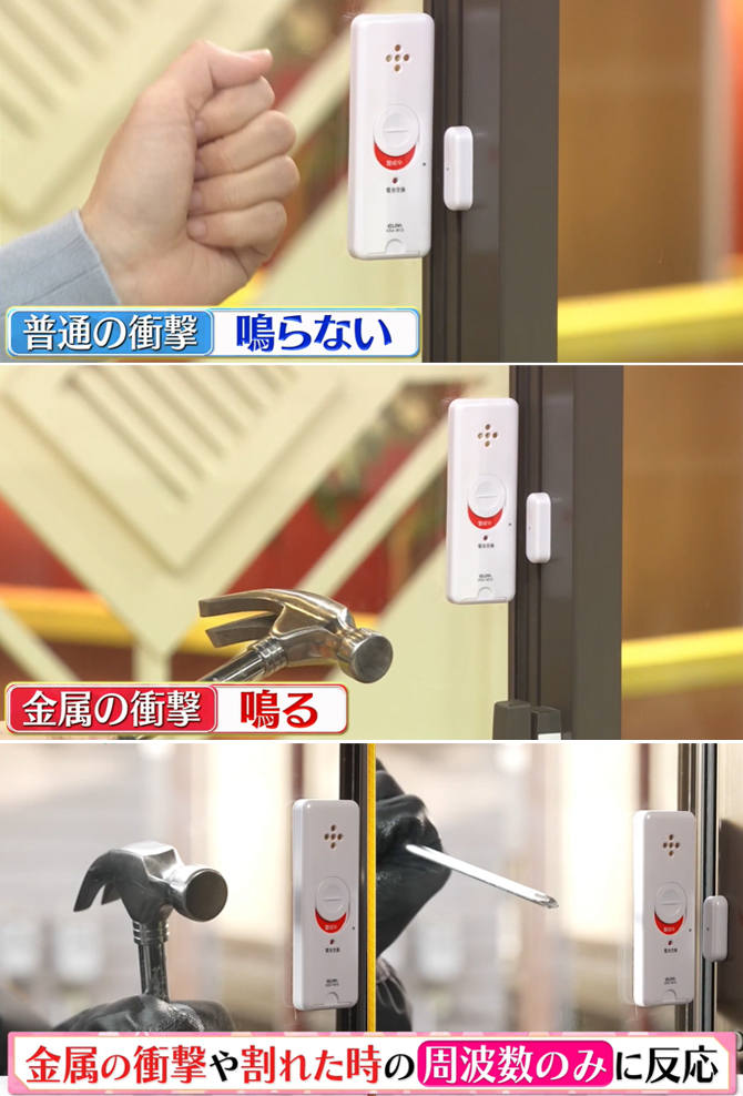 衝撃検知は、破壊・衝撃のみを検知！
窓ガラスへの衝撃音をしっかり区別