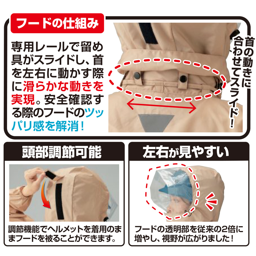 ヘルメット着用対応
回転式フードで視界良好！