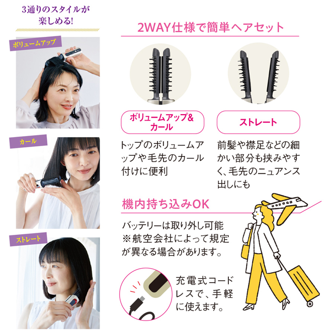 ブラシ感覚でサッと使えるボリュームアップ
特化型アイロンで旅行先でもヘアセットが簡単！