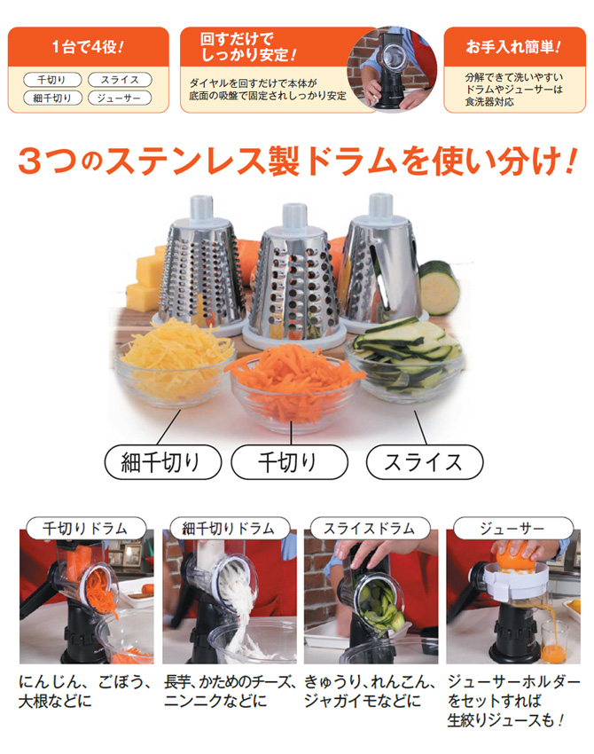 食材を入れてハンドルを回すだけ！
時短で一気に大量スライス。