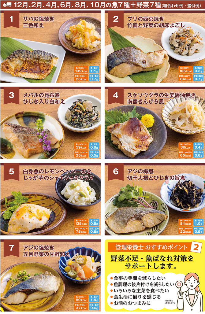 （B）12月、2月、4月、6月、8月、10月の魚7種＋野菜7種(組み合わせ例・盛り付け例)