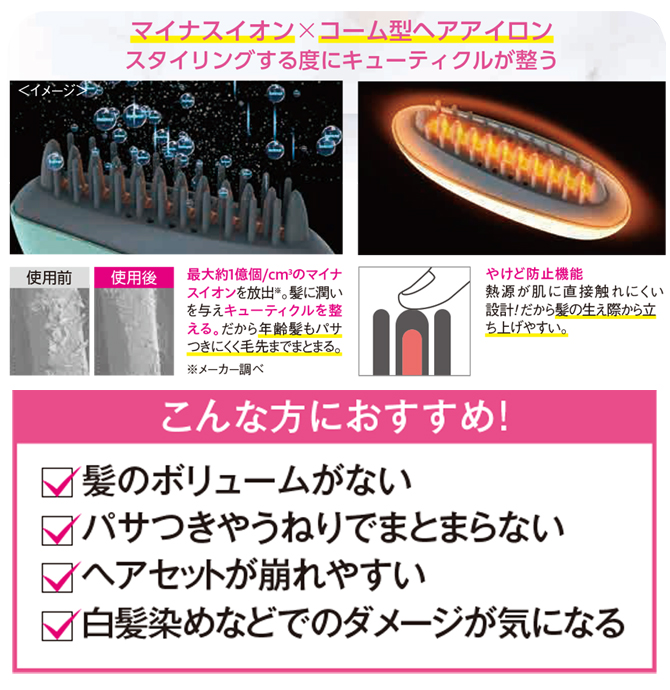 人気美容室「apish」監修！
手ぐし感覚でとかすだけ!
外出先でもボリュームアップ&ツヤ髪が叶うヘアアイロン