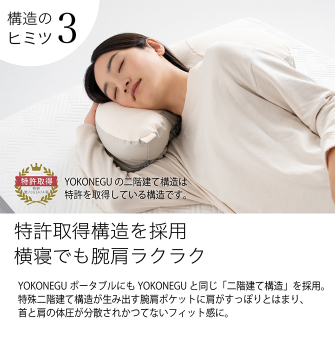 ポイント３
特許取得の独自構造により、横寝でも腕・肩の負担を軽減