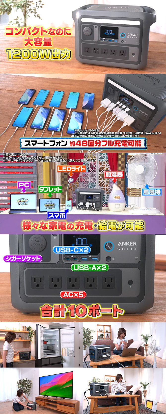 スマホなら約48回！電気ケトルやドライヤーまで使える高出力(※)
さらに10ポート搭載で便利！