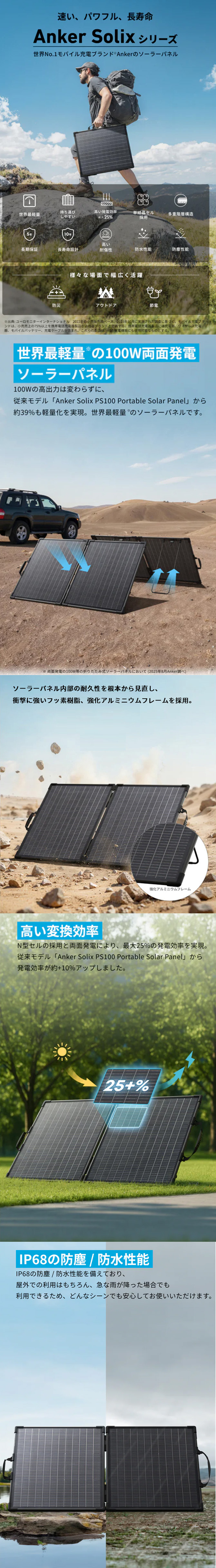 世界最軽量(※)を実現した、防塵＆防水の100W両面発電ソーラーパネル
