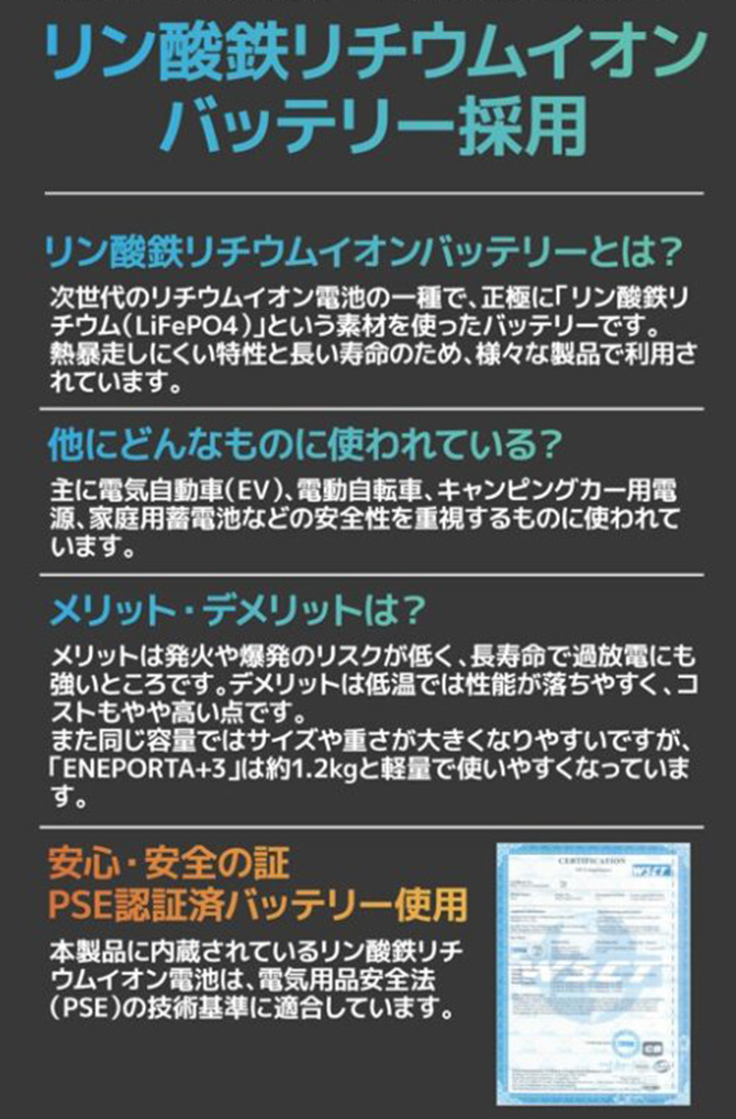 安全性に優れて長寿命！
リン酸鉄リチウムイオンバッテリーを搭載。