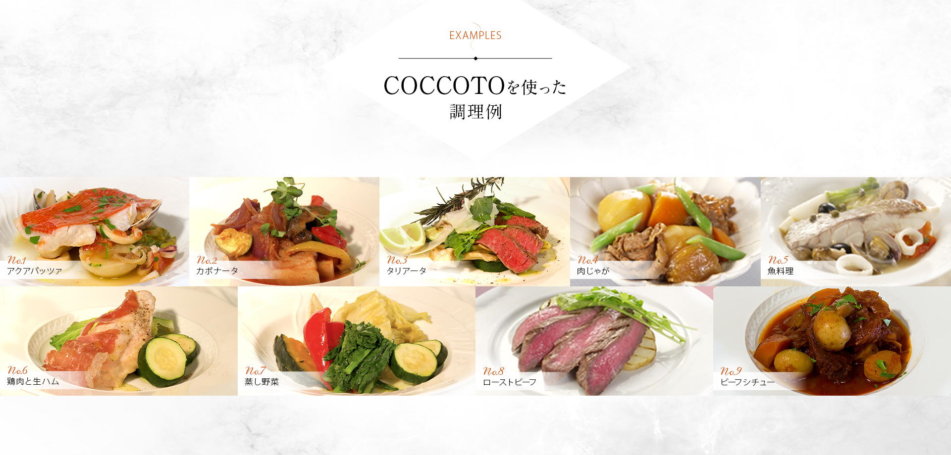 COCCOTOを使った調理例 No.1アクアパッツァNo.2カポナータNo.3タリアータNo.4肉じゃがNo.5魚料理No.6鶏肉と生ハムNo.7蒸し野菜No.8ローストビーフNo.9ビーフシチュー