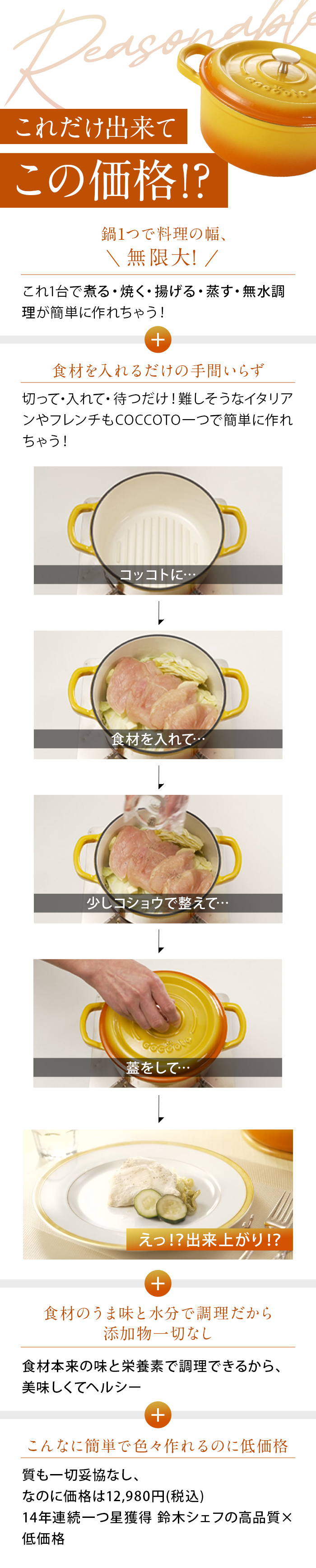 これだけ出来てこの値段！？・鍋１つでお料理の幅無限大・食材を入れる絵だけの手間いらず・食材のうま味と水分で調理だから添加物一切なし・こんなに簡単で色々作れるのに低価格