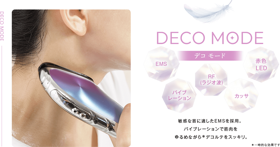 DECOMODE:EMS・RF (ラジオ波)・赤色LED・バイブレーション・カッサ。敏感な首に適したEMSを採用。バイブレーションで筋肉をゆるめながら＊デコルテをスッキリ。＊一時的な効果です