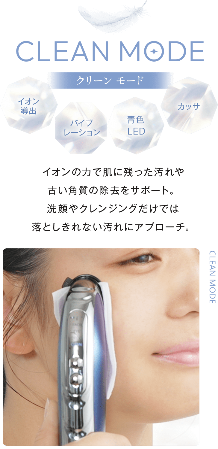 CLEANMODE:イオン導出・バイブレーション・青色LED・カッサ。イオンの力で肌に残った汚れや古い角質の除去をサポート。洗顔やクレンジングだけでは落としきれない汚れにアプローチ。