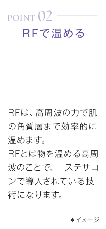 point02_RFで温める。RFは、高周波の力で肌の角質層まで効率的に温めます。RFとは物を温める高周波のことで、エステサロンで導入されている技術になります。*イメージ