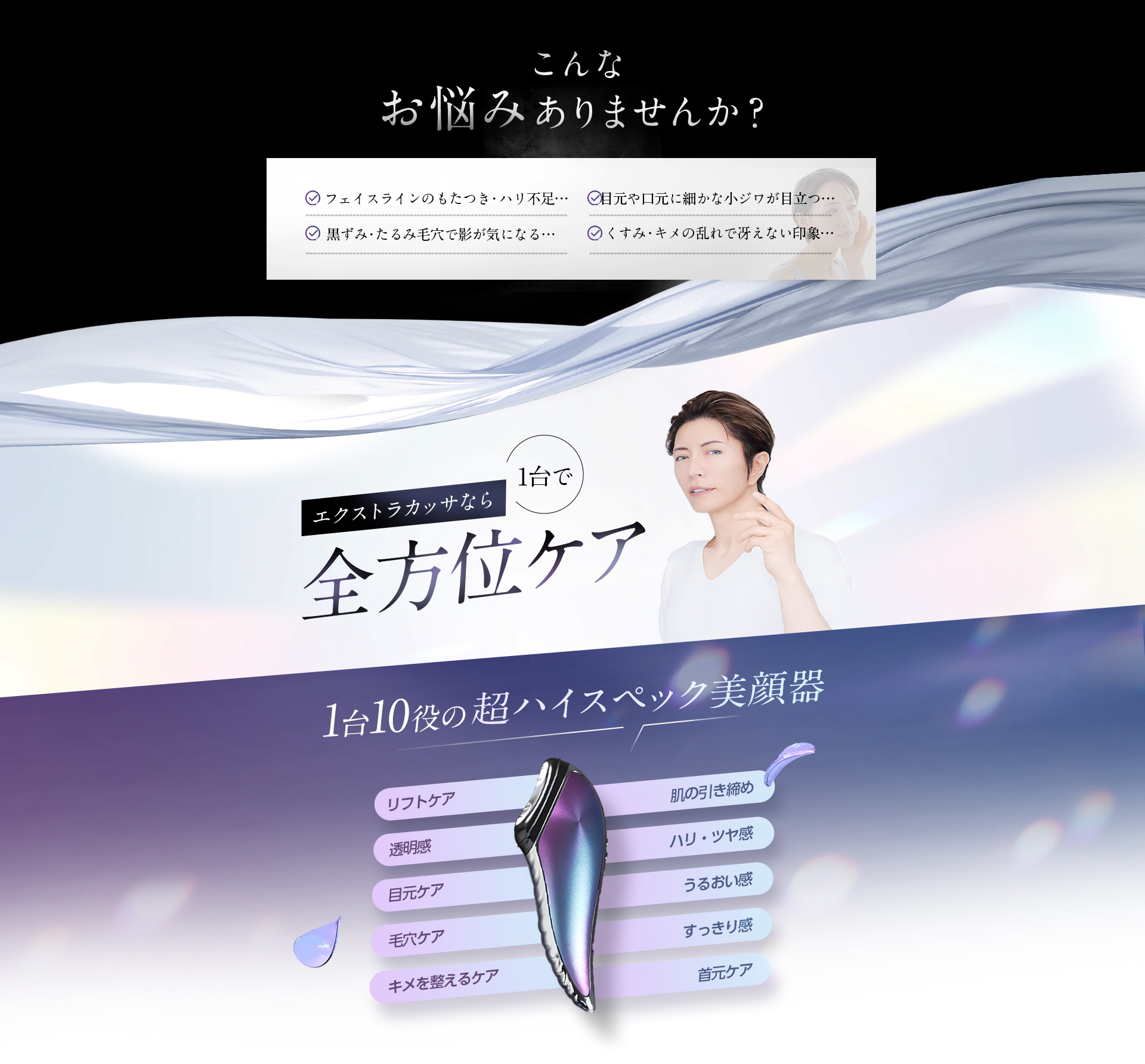 こんなお悩みありませんか？フェイスラインのもたつき・ハリ不足、目元や口元に細かなしわが目立つ、黒ずみ・たるみ毛穴で影が気になる、くすみ・キメの乱れでさえない印象。エクストラカッサなら1台で全方位ケア
                                1台10役の超ハイスペック美顔器