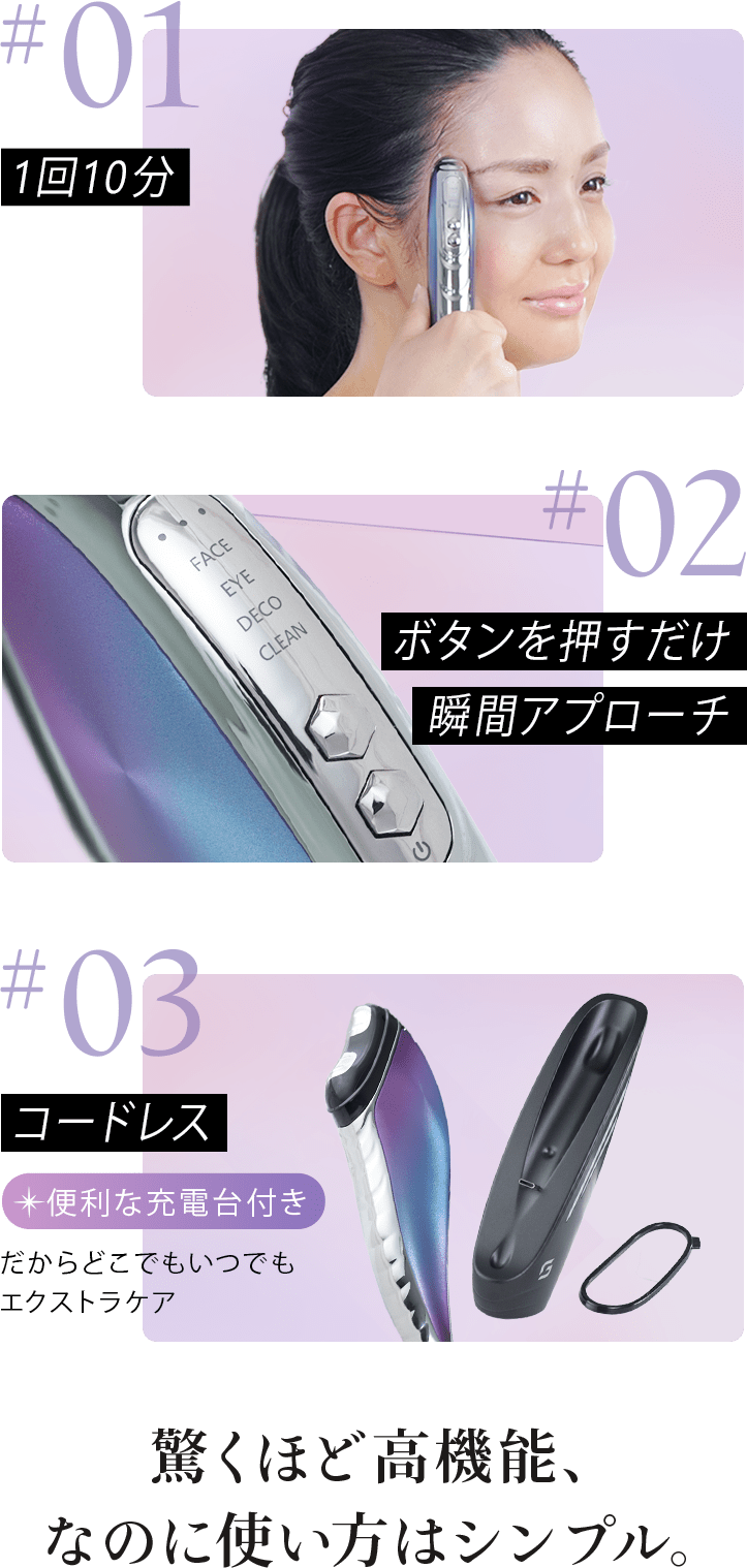 #01:1日10分#02:ボタンを押すだけ瞬間アプローチ#03:コードレス。便利な充電台付き。だからどこでもいつでもエクストラケア。驚くほど高機能、なのに使い方はシンプル。