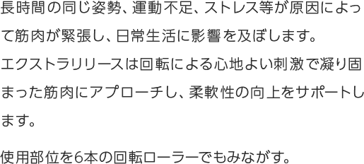 長時間の同じ姿勢、運動不足、ストレス等が原因によって筋肉が緊張し、日常生活に影響を及ぼします。
エクストラリリースは回転による心地よい刺激で凝り固まった筋肉にアプローチし、柔軟性の向上をサポートします。6本の回転ローラーが毎分最大756回※の刺激を与え、気になる部位の筋肉を緩めていきます。※レベル3使用時 ※ご使用方法により異なります