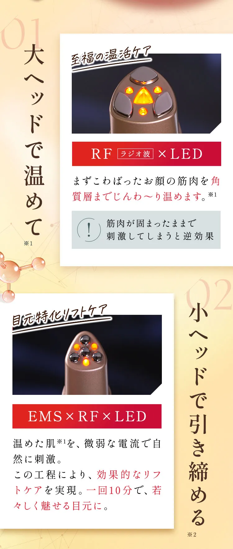 01 【大ヘッド】で温めて RF（ラジオ波）×LED まず肌を角質層までじんわ～り温めてこわばったお顔の筋肉をゆるめます。筋肉が固まったままで刺激してしまうと逆効果。02 【小ヘッド】で引き締める EMS×RF×LED 温めでゆるんだ肌を、微弱な電流で自然に刺激。この工程により、効果的なリフトケアを実現。一回 分で、ー〇才の魅せる目元に。
