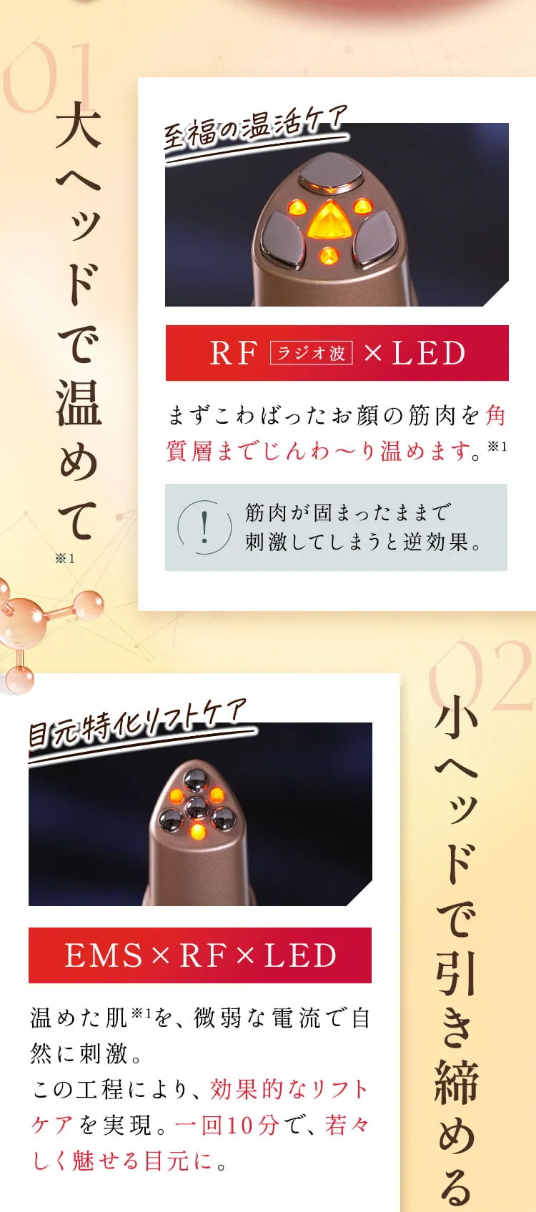 01 【大ヘッド】で温めて RF（ラジオ波）×LED まず肌を角質層までじんわ～り温めてこわばったお顔の筋肉をゆるめます。筋肉が固まったままで刺激してしまうと逆効果。02 【小ヘッド】で引き締める EMS×RF×LED 温めでゆるんだ肌を、微弱な電流で自然に刺激。この工程により、効果的なリフトケアを実現。一回 分で、ー〇才の魅せる目元に。