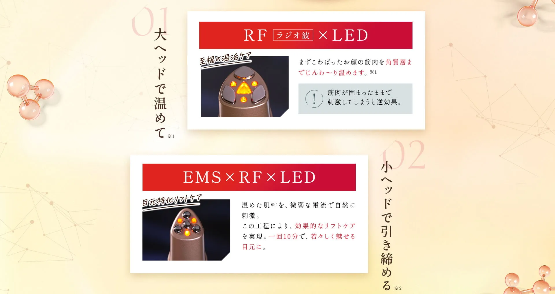 01 【大ヘッド】で温めてRF（ラジオ波）×LED まず肌を角質層までじんわ～り温めてこわばったお顔の筋肉をゆるめます。筋肉が固まったままで刺激してしまうと逆効果。 02 【小ヘッド】で引き締める EMS×RF×LED 温めでゆるんだ肌を、微弱な電流で自然に刺激。この工程により、効果的なリフトケアを実現。一回 分で、ー〇才の魅せる目元に。