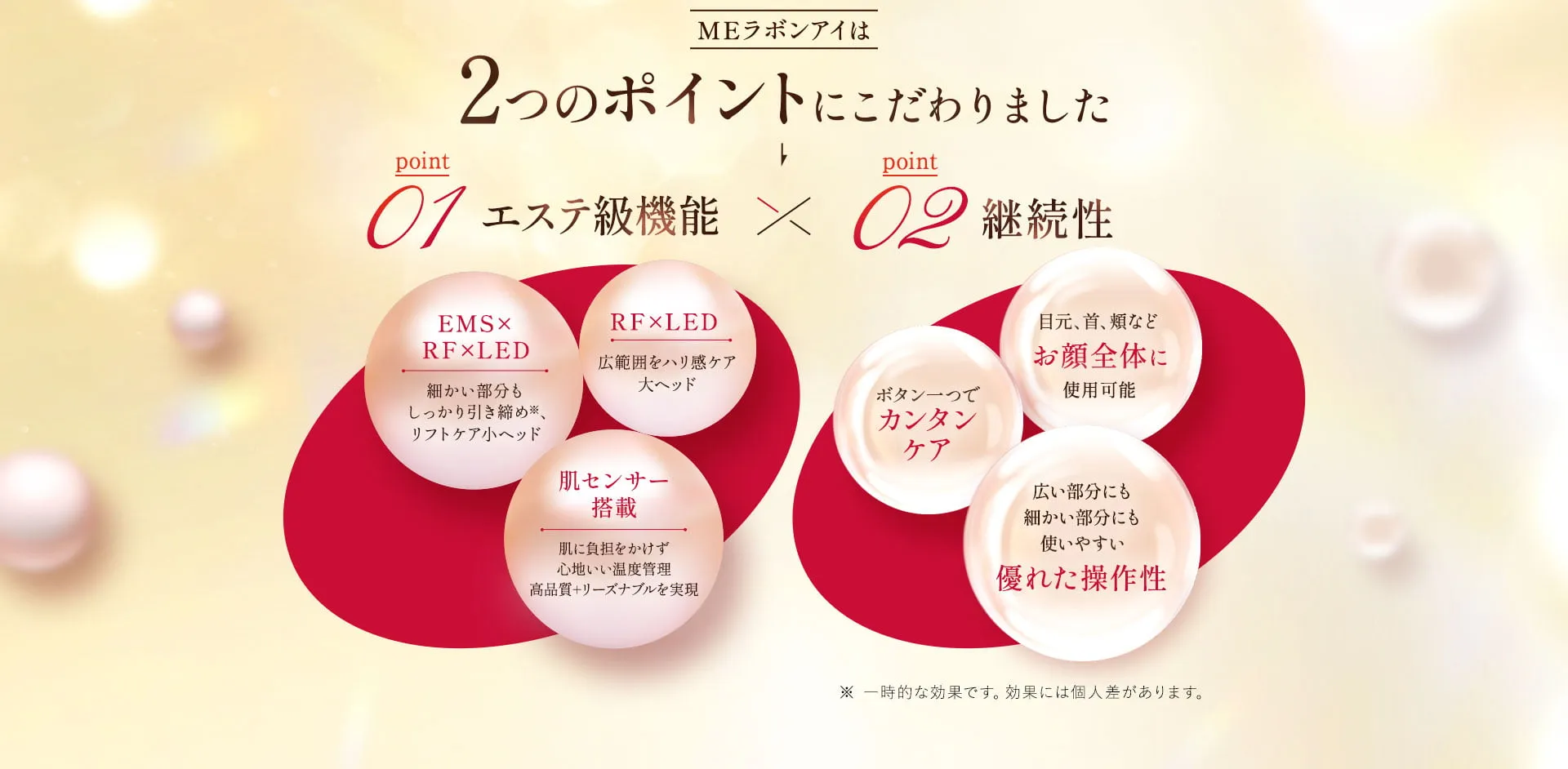 そこでMEラボンアイは2つのポイントにこだわりました 01.エステ級機能 RF×LED 広範囲をハリ感ケア大ヘッド EMS×RF×LED 細かい部分もしっかり引き締め、リフトケア小ヘッド 肌センサー搭載 肌に負担をかけず心地いい温度管理高品質＋リーズナブルを実現 02.継続性 目元、首、頬などお顔全体に使用可能 ボタン一つでカンタンケア 広い部分にも細かい部分にも使いやすい優れた操作性