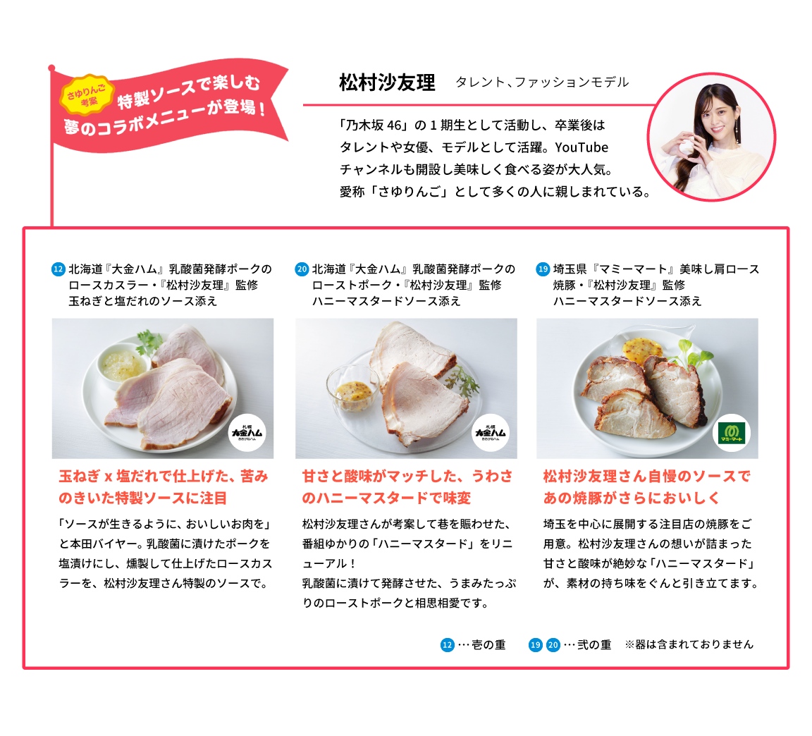 さゆりんご考案特製ソースで楽しむ夢のコラボメニューが登場！玉ねぎ×塩だれで仕上げた、苦みのきいた特製ソースに注目「ソースが生きるように、おいしいお肉を」と本田バイヤー。乳酸菌に漬けたポークを塩漬けにし、燻製して仕上げたロースカスラーを、松村沙友理さん特製のソースで。12北海道『大金ハム』乳酸菌発酵ポークのロースカスラー・『松村沙友理』監修 玉ねぎと塩だれのソース添え 甘さと酸味がマッチした、うわさのハニーマスタードで味変 松村沙友理さんが考案して巷を賑わせた、番組ゆかりの「ハニーマスタード」をリニューアル！ 乳酸菌に漬けて発酵させた、うまみたっぷりのローストポークと相思相愛です。 20北海道『大金ハム』乳酸菌発酵ポークのローストポーク・『松村沙友理』監修 ハニーマスタードソース添え 松村沙友理さん自慢のソースで、あの焼豚がさらにおいしく 埼玉を中心に展開する注目店の焼豚をご用意。松村沙友理さんの想いが詰まった、甘さと酸味が絶妙な「ハニーマスタード」が、素材の持ち味をぐんと引き立てます。 19埼玉県『マミーマート』美味し肩ロース焼豚・『松村沙友理』監修 ハニーマスタードソース添え 12…壱の重 19,20…弍の重 ※器は含まれておりません。 