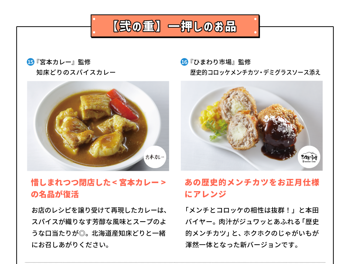 弐の重 一押しのお品 15,京都府『宮本カレー』監修 知床どりのスパイスカレー しまれつつ閉店した〈宮本カレー〉の名品が復活お店のレシピを譲り受けて再現したカレーは、スパイスが織りなす芳醇な風味とスープのような口当たりが◎。北海道産知床どりと一緒にお召しあがりください。 16,山梨県『ひまわり市場』監修 歴史的コロッケメンチカツ・デミグラスソース添え あの歴史的メンチカツをお正月仕様にアレンジ「メンチとコロッケの相性は抜群！」と本田バイヤー。肉汁がジュワッとあふれる「歴史的メンチカツ」と、ホクホクのじゃがいもが渾然一体となった新バージョンです。