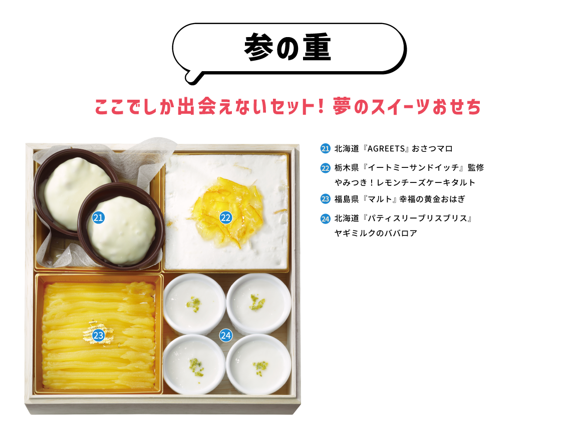 参の重 ここでしか出会えないセット！夢のスイーツおせち 21,北海道『AGREETS』 おさつマロ 22,栃木県『イートミーサンドイッチ』監修 やみつき！レモンチーズケーキタルト 23,福島県『マルト』 幸福の黄金おはぎ 24,北海道『パティスリーブリスブリス』ヤギミルクのババロア