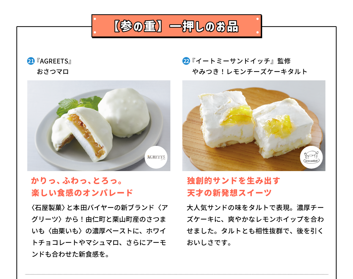 参の重 一押しのお品 21,北海道『AGREETS』おさつマロ かりっ、ふわっ、とろっ。楽しい食感のオンパレード 〈石屋製菓〉と本田バイヤーの新ブランド〈アグリーツ〉から！由仁町と栗山町産のさつまいも〈由栗いも〉の濃厚ペーストに、ホワイトチョコレートやマシュマロ、さらにアーモンドも合わせた新食感を。 22,栃木県『イートミーサンドイッチ』監修 やみつき！レモンチーズケーキタルト 独創的サンドを生み出す天才の新発想スイーツ 大人気サンドの味をタルトで表現。濃厚チーズケーキに、爽やかなレモンホイップを合わせました。タルトとも相性抜群で、後を引くおいしさです。 